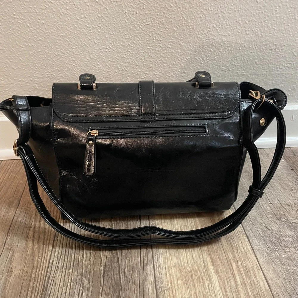 Melie Blanco Black Vegan Leather Satchel Crossbody Bag Gold Hardware Polka‎ Dot